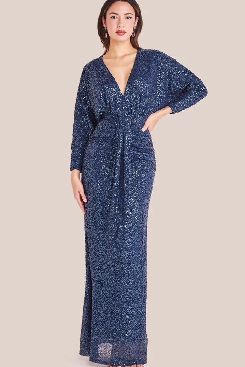Plunge V-Neck Sequin Maxi - Navy by Goddiva