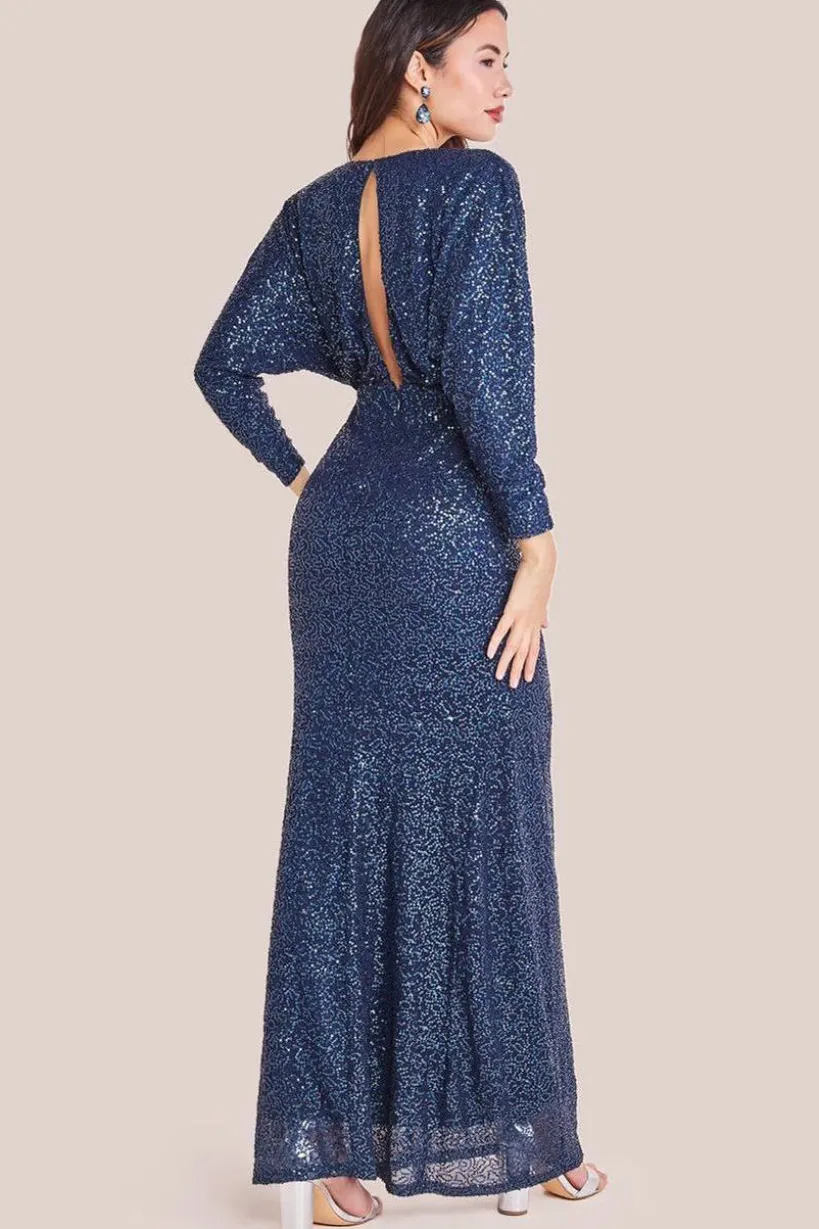 Plunge V-Neck Sequin Maxi - Navy by Goddiva