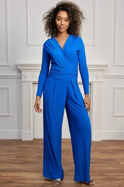 Plunge Wrap Long Sleeve Jumpsuit With Tie Back In Royal Blue by Angeleye