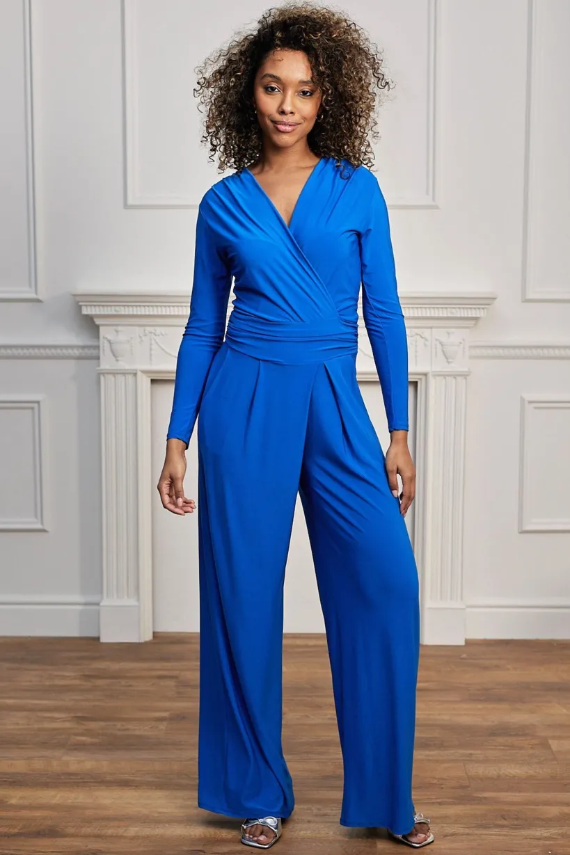 Plunge Wrap Long Sleeve Jumpsuit With Tie Back In Royal Blue by Angeleye