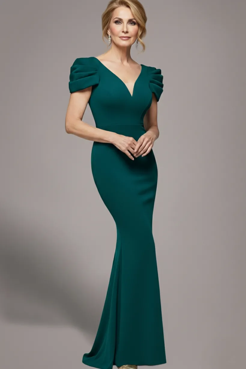 Plunging Neck Pleated Sleeves Scuba Maxi Dress - Emerald Green by Goddiva