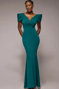 Plunging Neck Pleated Sleeves Scuba Maxi Dress - Emerald Green by Goddiva