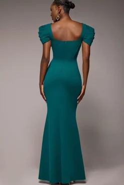 Plunging Neck Pleated Sleeves Scuba Maxi Dress - Emerald Green by Goddiva