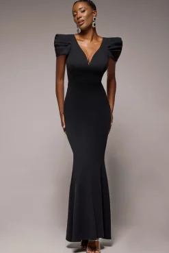Plunging Neck Pleated Sleeves Scuba Maxi Dress - Black by Goddiva