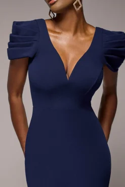 Plunging Neck Pleated Sleeves Scuba Maxi Dress - Navy Blue by Goddiva