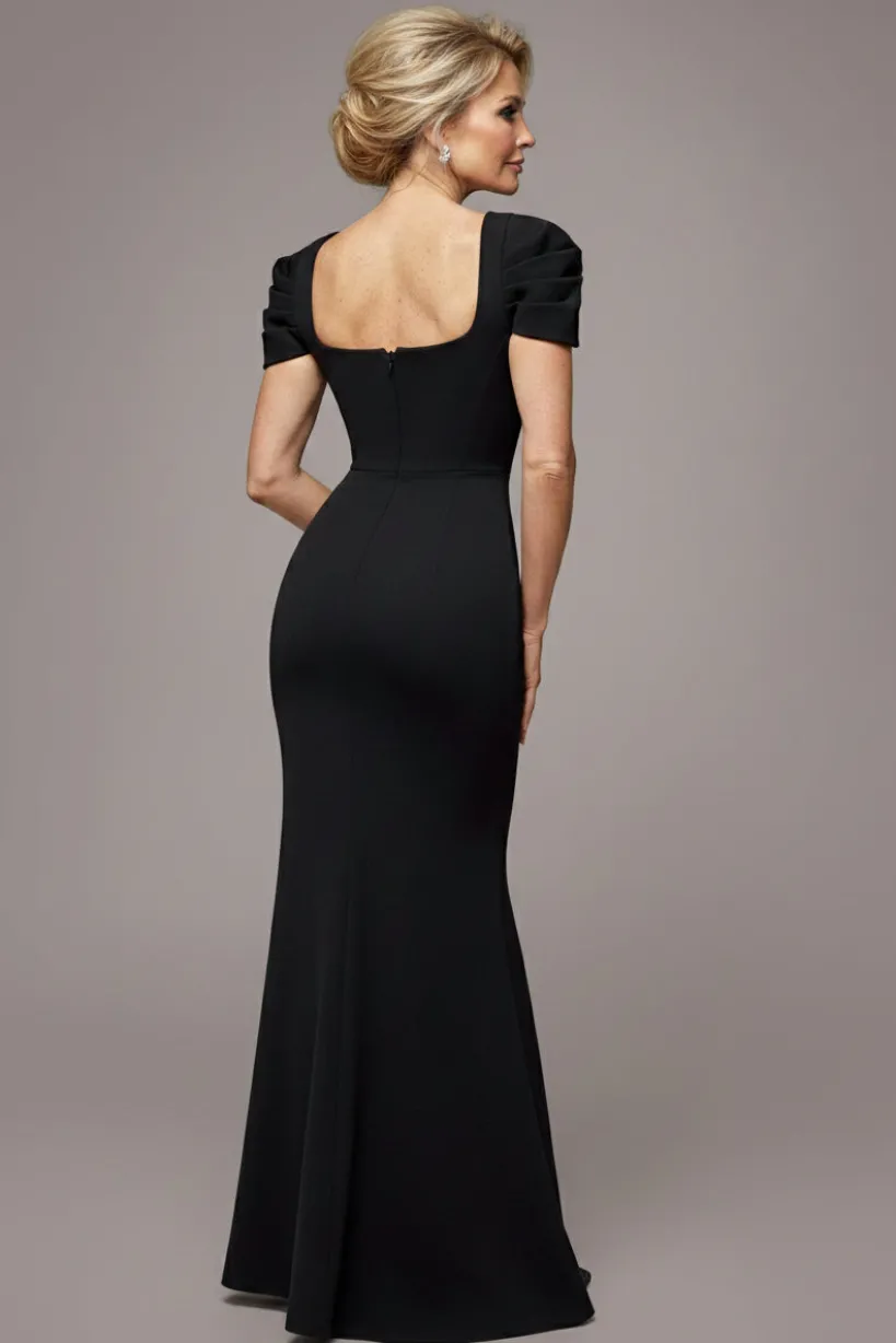 Plunging Neck Pleated Sleeves Scuba Maxi Dress - Black by Goddiva