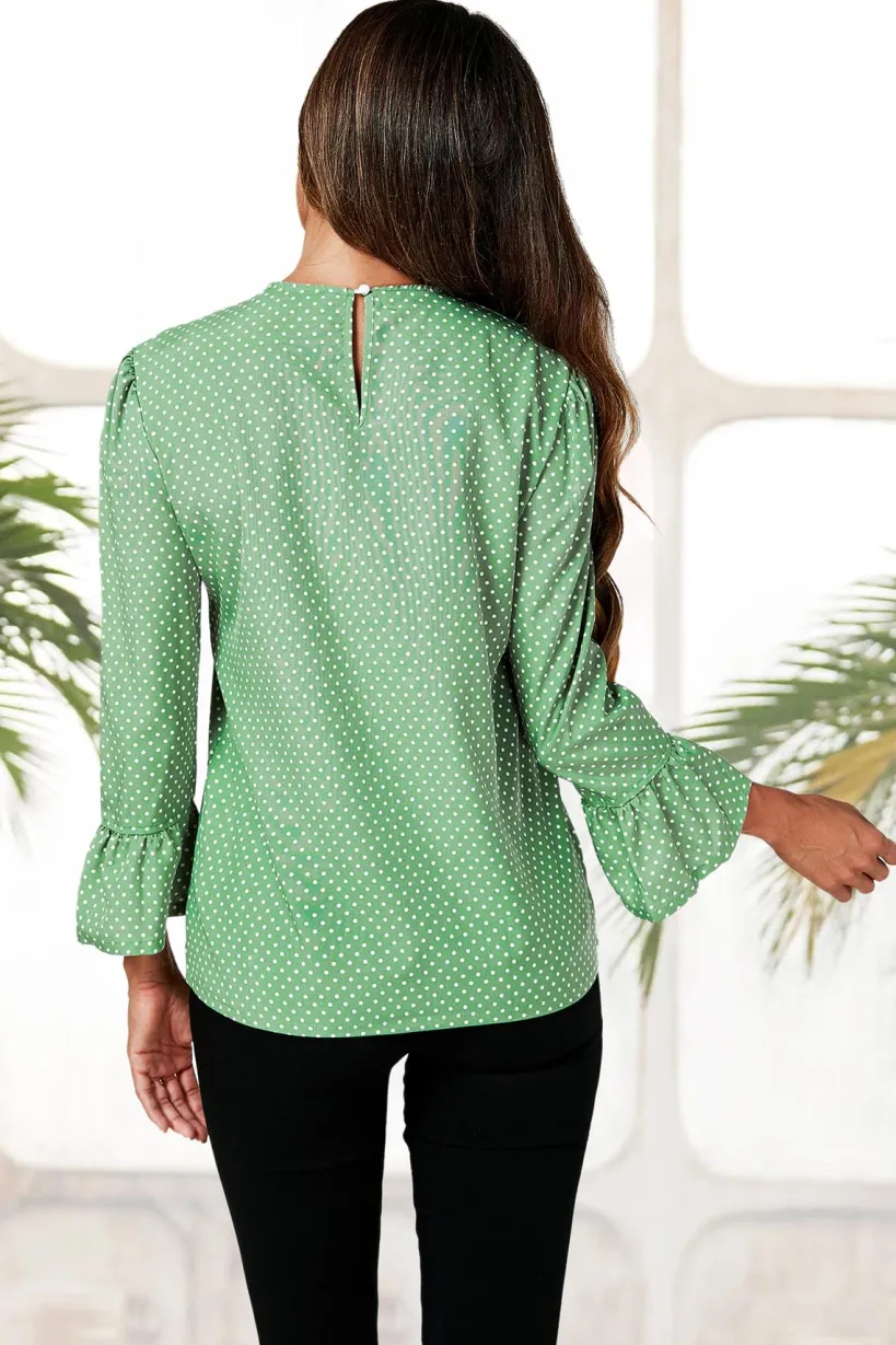 Polka Dot Print Frill Detail Cuff Top In Green by FS Collection