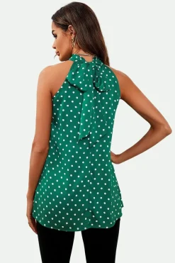 Polka Dot Print Halter Neck Tie Back Top In Green by FS Collection