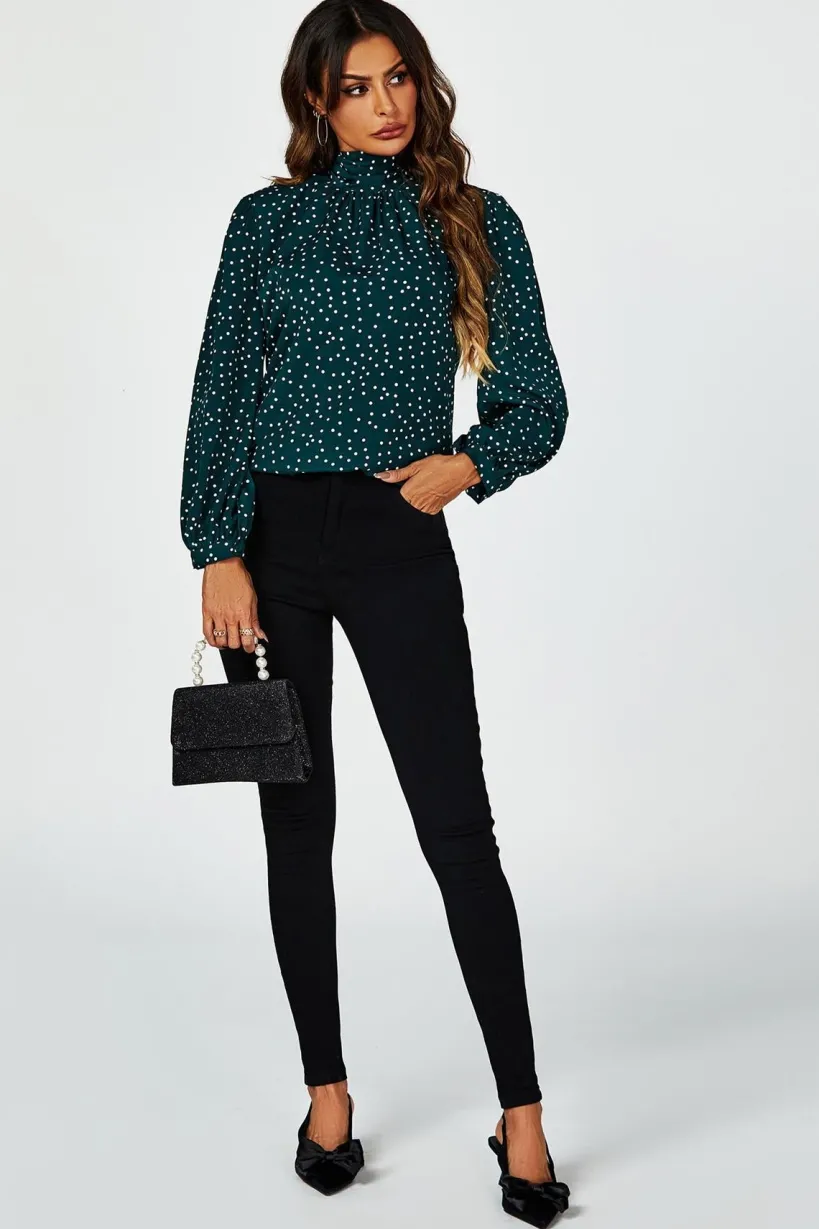 Polka Dot Print Long Sleeve Back Tie Blouse Top In Green by FS Collection