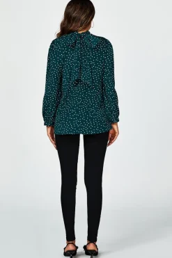 Polka Dot Print Long Sleeve Back Tie Blouse Top In Green by FS Collection
