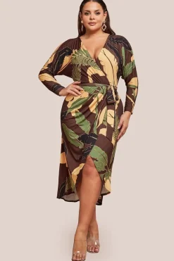 Printed Batwing Wrap Midi Dress - Brown by Goddiva Plus
