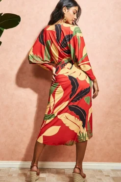 Printed Batwing Wrap Midi Dress - Orange by Goddiva