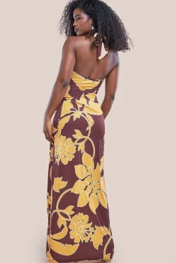 Printed Crossover Maxi Dress - Brown by Goddiva