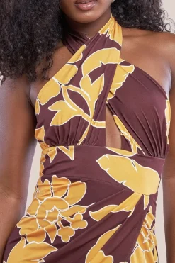 Printed Crossover Maxi Dress - Brown by Goddiva