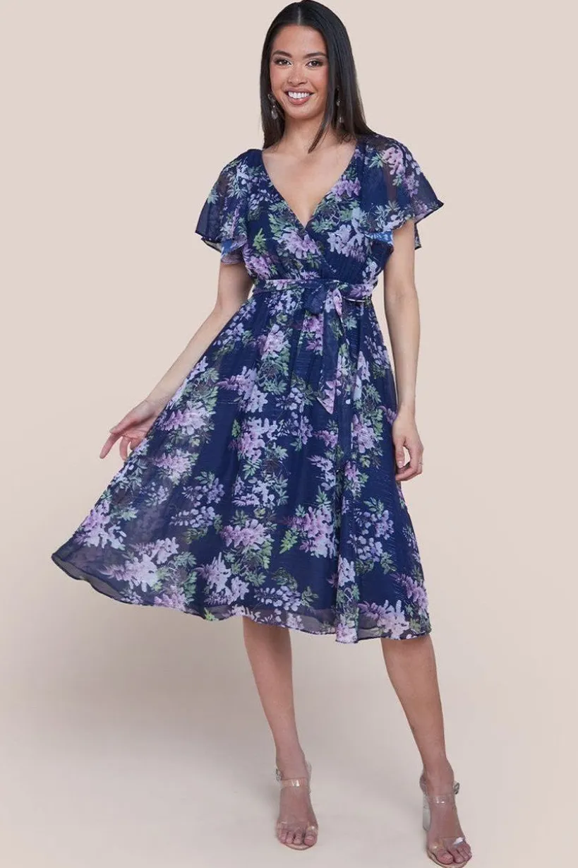 Printed Lurex A-Line Flutter Sleeve Midi Dress - Navy Blue by Goddiva
