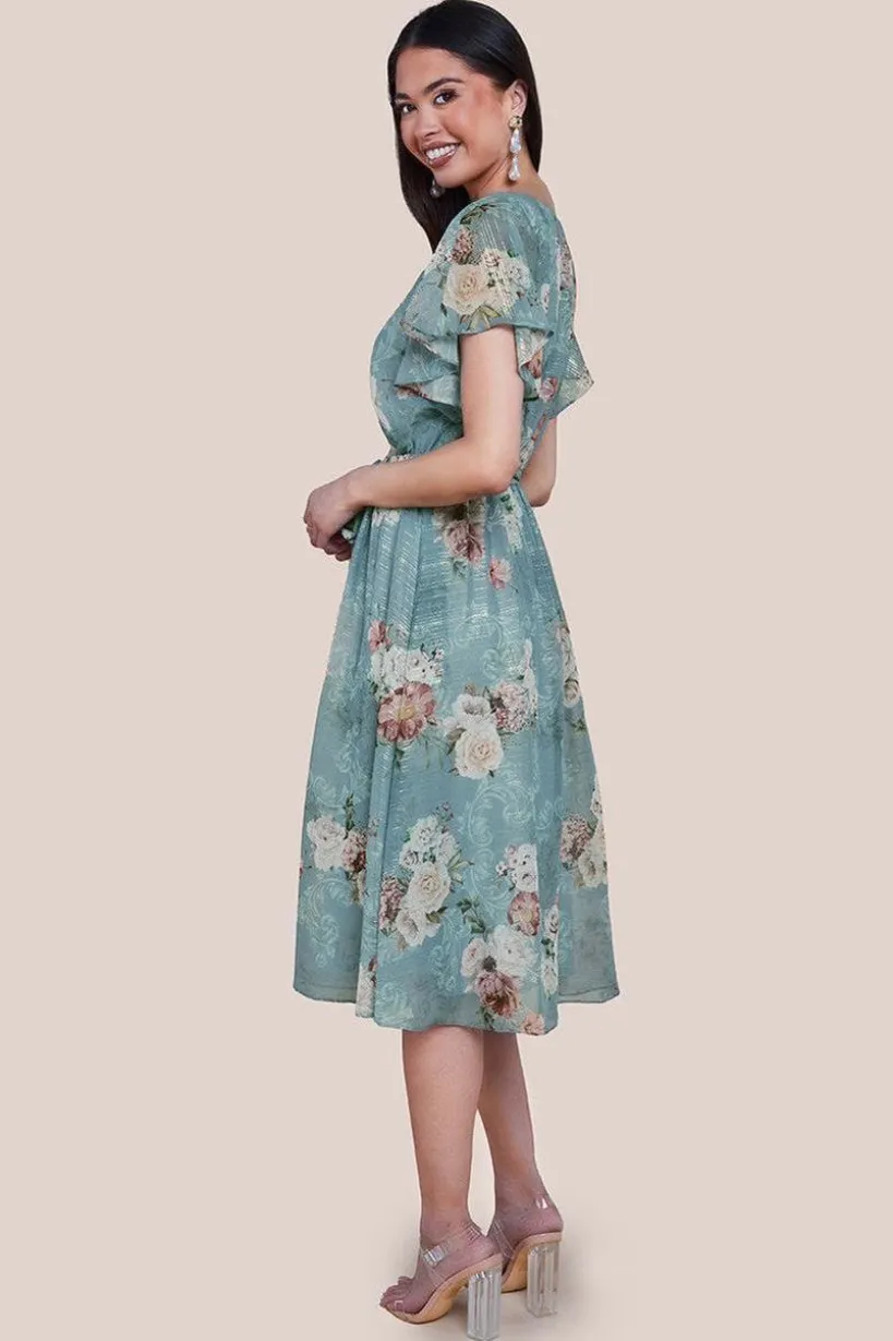 Printed Lurex A-Line Flutter Sleeve Midi Dress - Airforce Blue by Goddiva