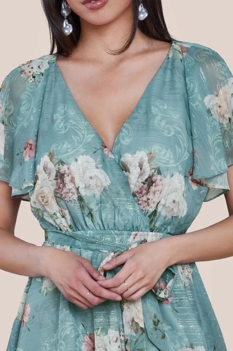 Printed Lurex A-Line Flutter Sleeve Midi Dress - Airforce Blue by Goddiva