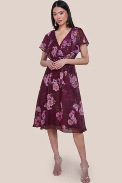 Printed Lurex A-Line Flutter Sleeve Midi Dress - Berry by Goddiva