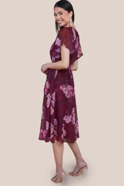 Printed Lurex A-Line Flutter Sleeve Midi Dress - Berry by Goddiva