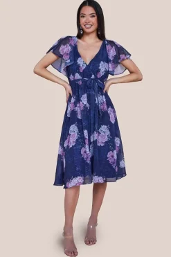 Printed Lurex A-Line Flutter Sleeve Midi Dress - Navy by Goddiva