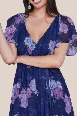 Printed Lurex A-Line Flutter Sleeve Midi Dress - Navy by Goddiva