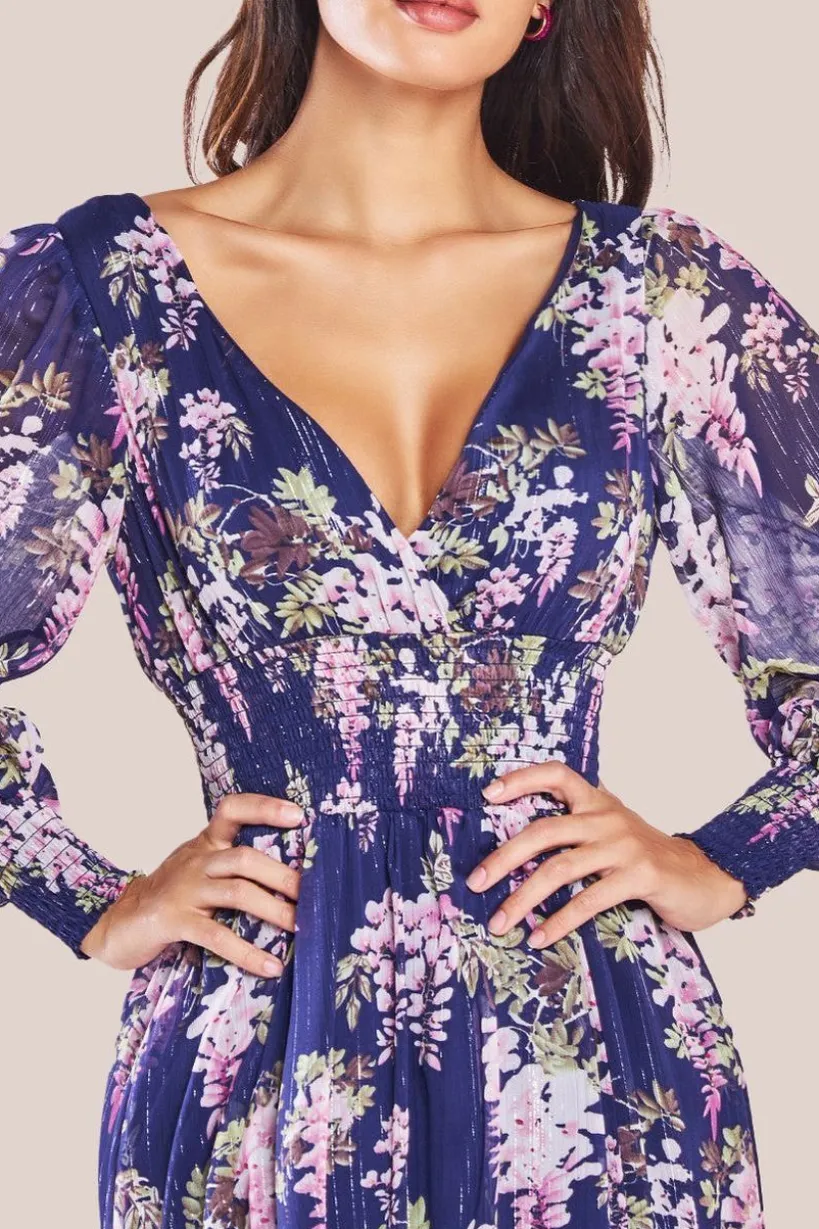 Printed Lurex Chiffon Long Sleeve Midi Dress - Navy by Goddiva