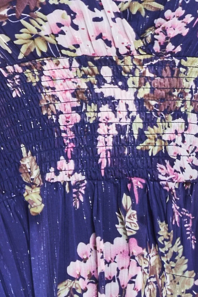 Printed Lurex Chiffon Long Sleeve Midi Dress - Navy by Goddiva