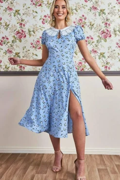 Printed Midi With Front Split - Powder Blue by Goddiva