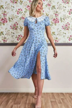 Printed Midi With Front Split - Powder Blue by Goddiva