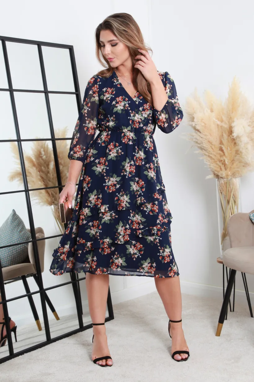 Printed Navy Wrap Dress With Tiered Frill Detail by Double Second