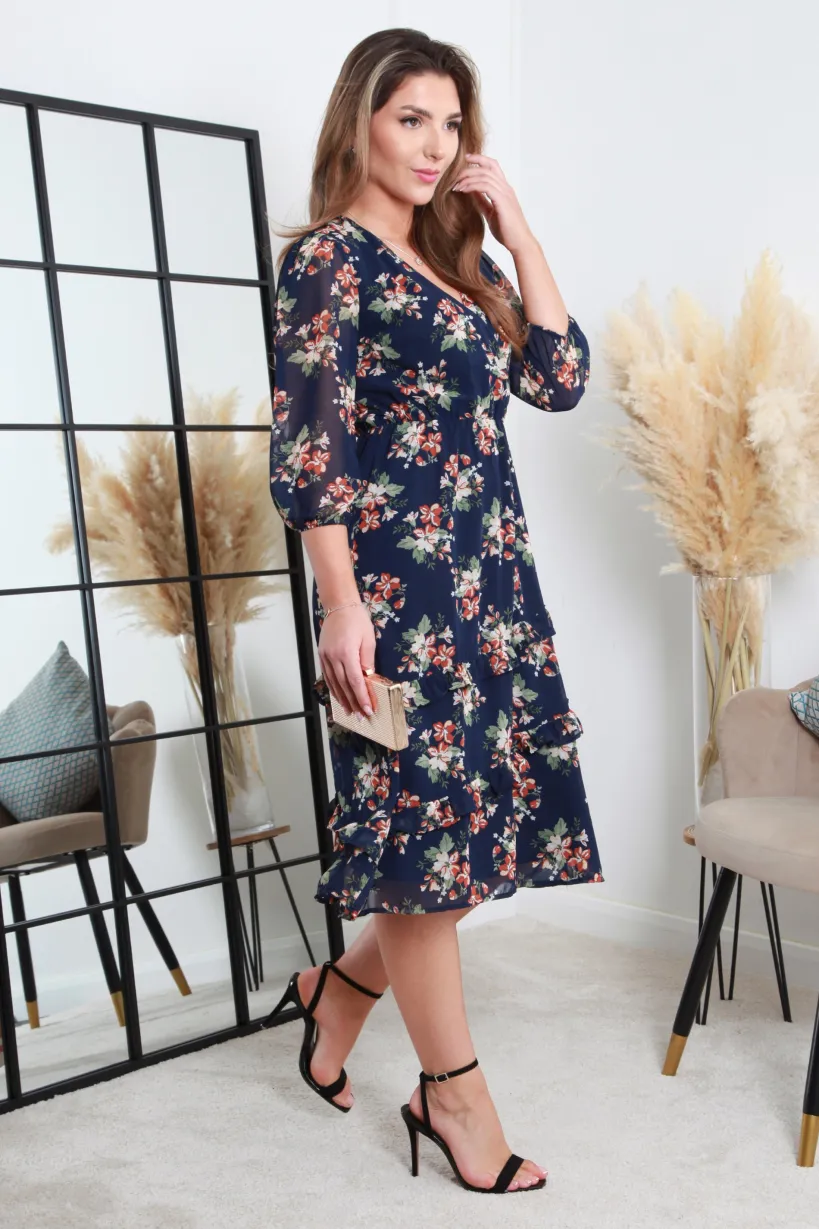 Printed Navy Wrap Dress With Tiered Frill Detail by Double Second