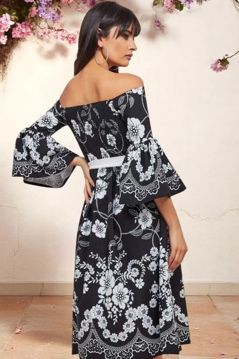 Printed Off The Shoulder Midi Dress - Black by Goddiva