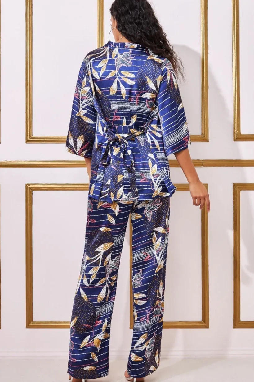 Printed Satin Wide Leg Trouser - Navy by Goddiva