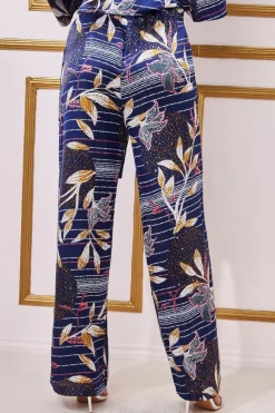 Printed Satin Wide Leg Trouser - Navy by Goddiva