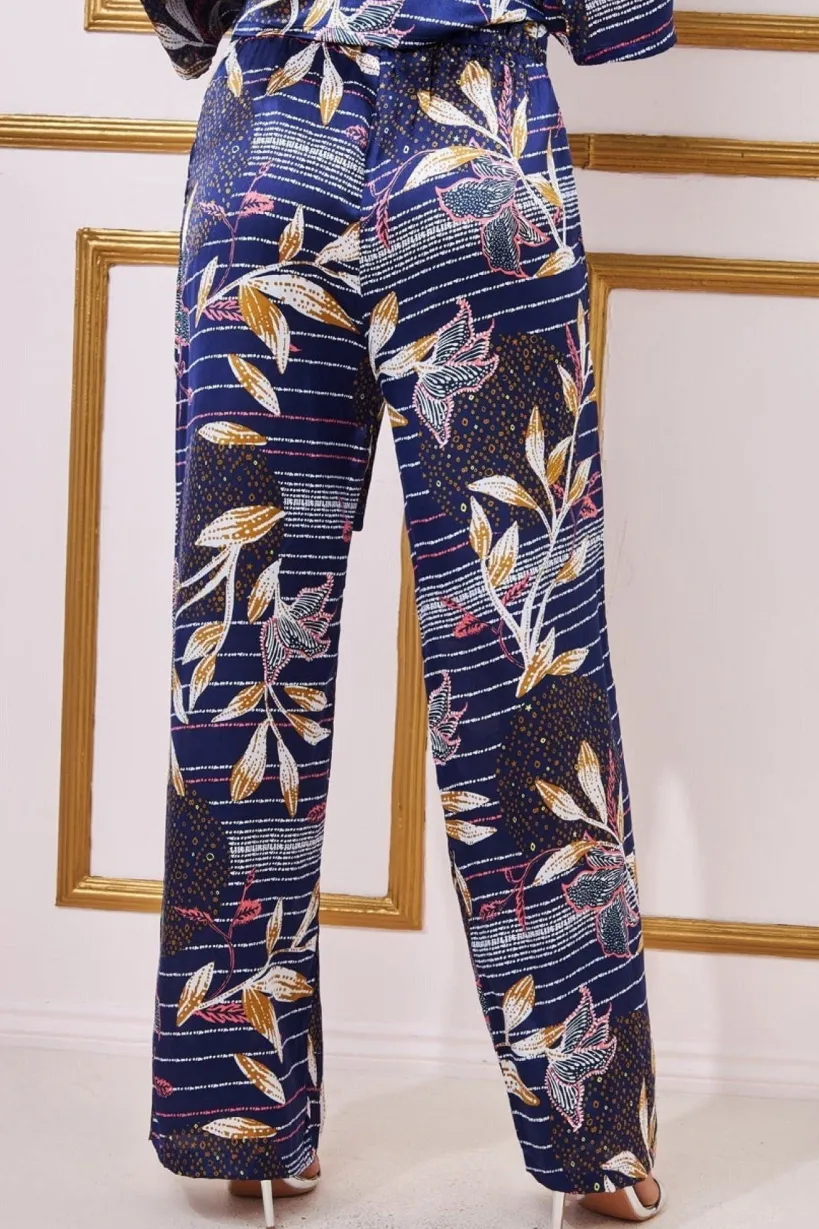 Printed Satin Wide Leg Trouser - Navy by Goddiva