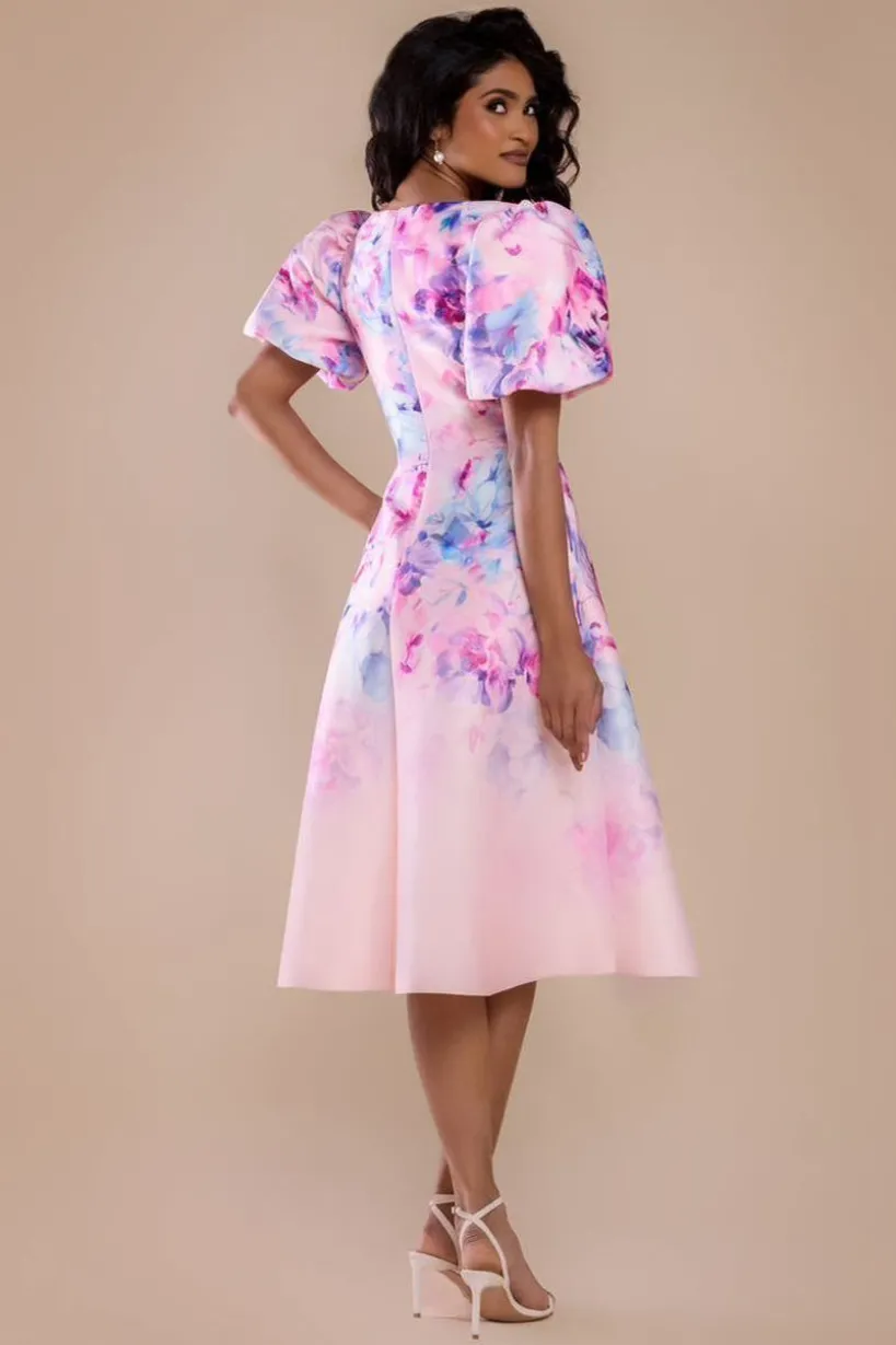 Printed Scuba Square Neck Puff Sleeve Midi Dress - Blush Pink by Goddiva