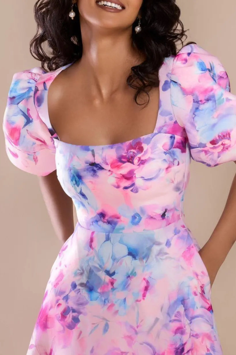 Printed Scuba Square Neck Puff Sleeve Midi Dress - Blush Pink by Goddiva