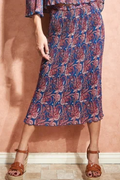 Printed Shirred Midi Skirt - Blue by City Goddess