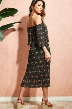 Printed Shirred Midi Skirt - Black by City Goddess