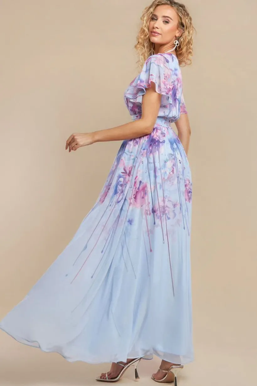 Printed Silky Chiffon Flutter Sleeve Maxi Dress - Blue by Goddiva