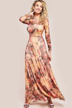 Printed Soft Mesh A-Line Maxi Dress - Orange by Goddiva