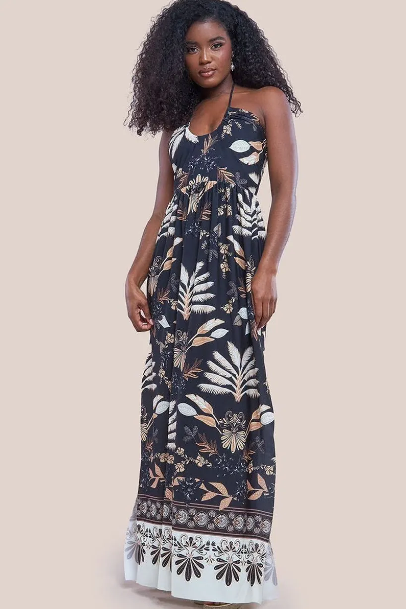 Printed Tie Back Maxi - Black by Goddiva