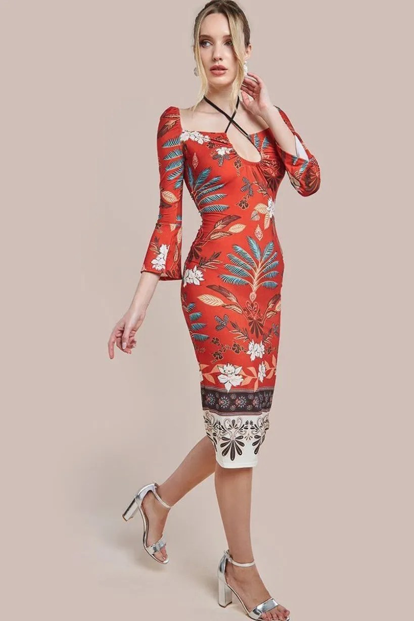 Printed Tie Back Midi Dress - Orange by Goddiva