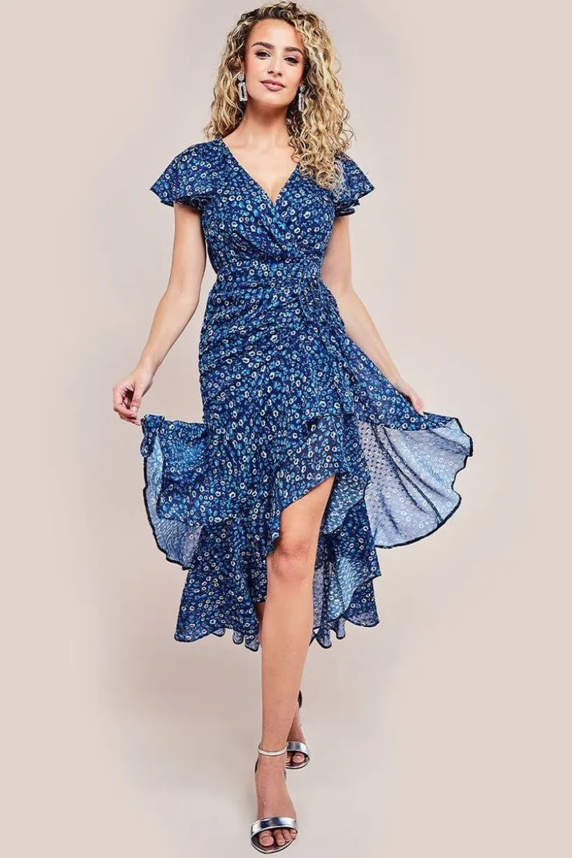 Printed Wrap High And Low Midaxi Dress - Navy by Goddiva