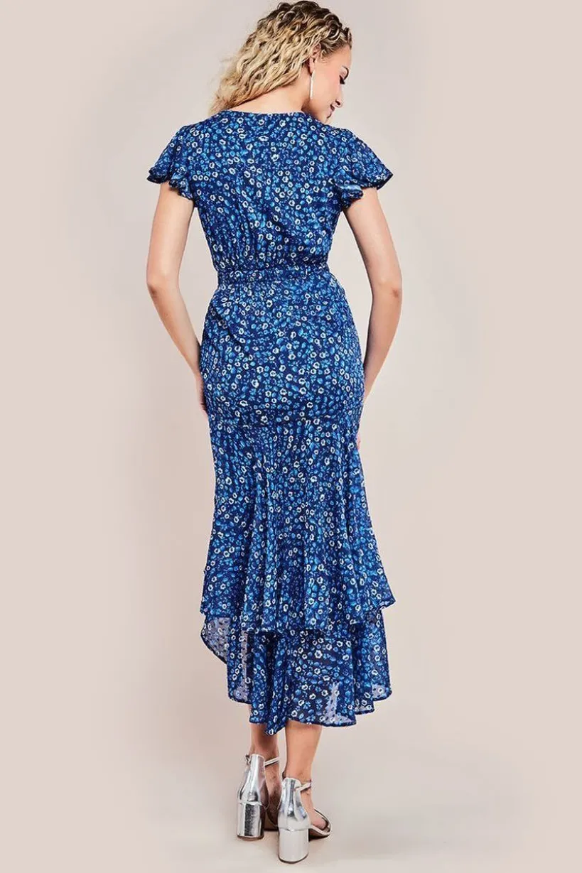 Printed Wrap High And Low Midaxi Dress - Navy by Goddiva