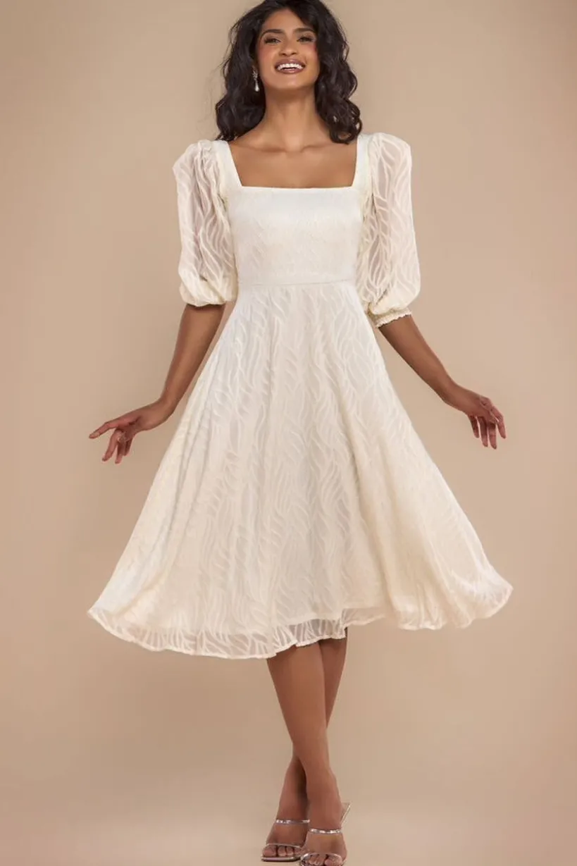 Puff Sleeve Side Slit Flared Jacquard Chiffon Midi Dress - Cream by Goddiva