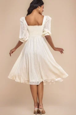 Puff Sleeve Side Slit Flared Jacquard Chiffon Midi Dress - Cream by Goddiva