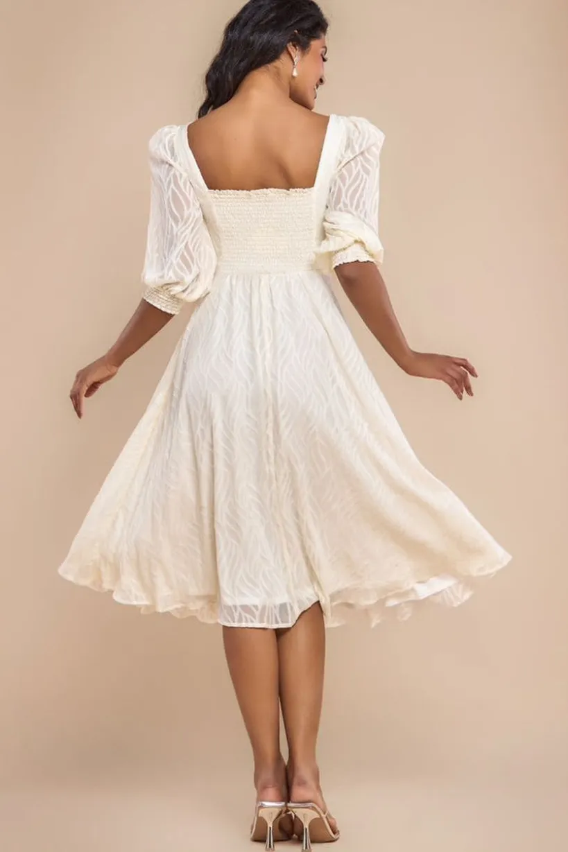 Puff Sleeve Side Slit Flared Jacquard Chiffon Midi Dress - Cream by Goddiva