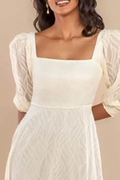 Puff Sleeve Side Slit Flared Jacquard Chiffon Midi Dress - Cream by Goddiva