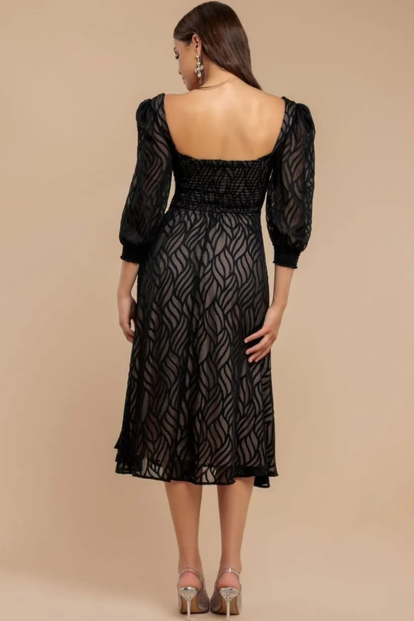 Puff Sleeve Side Slit Flared Jacquard Chiffon Midi Dress - Black by Goddiva